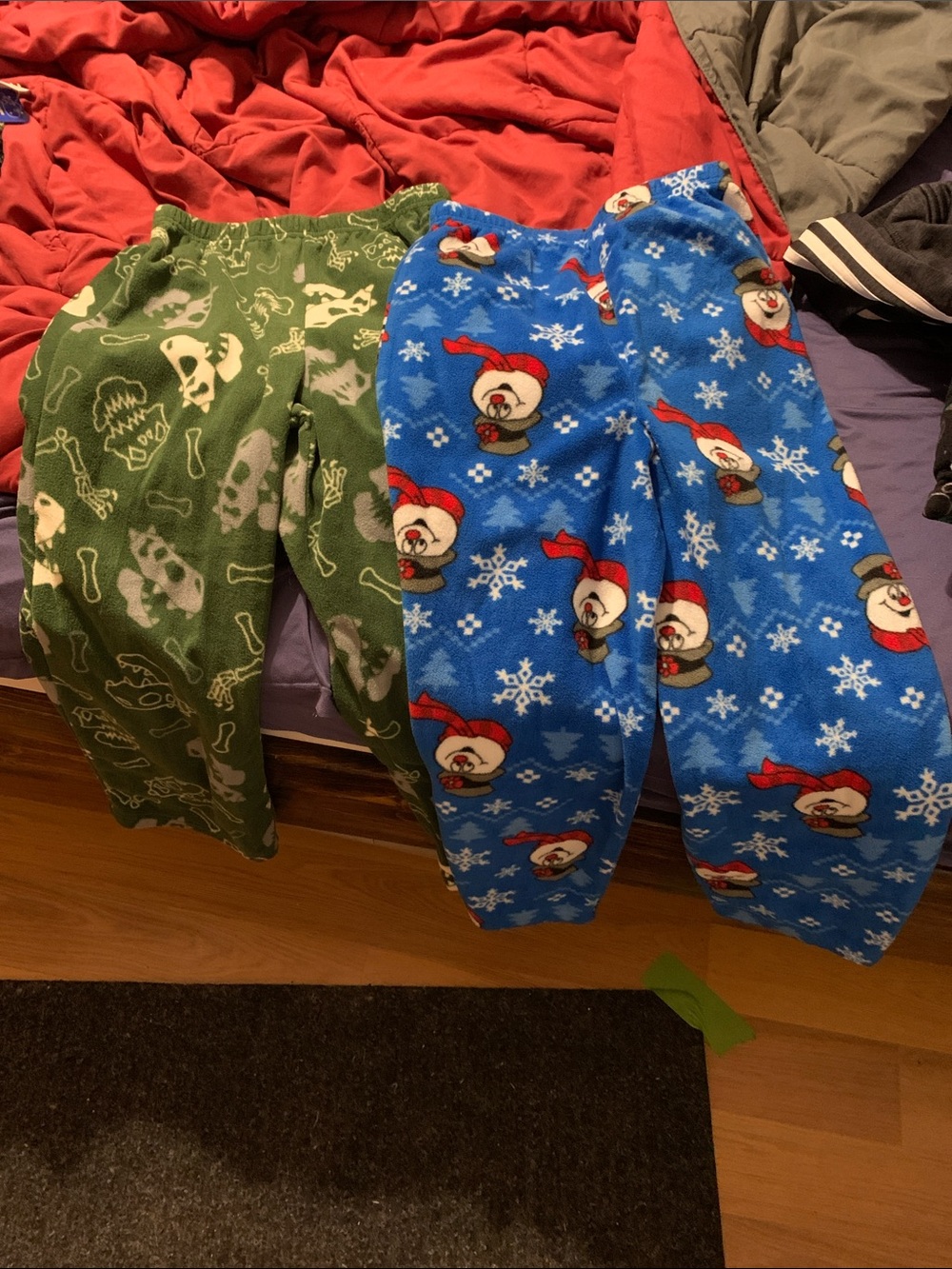 Kids Fleece Pajama Pants - Blue Snowman & Green Dino Prints